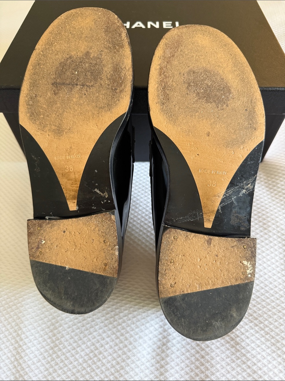 CHANEL Black Patent Leather Women’s Logo Chain Loafers - Picture 7 of 15